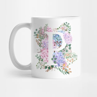 botanical monogram alphabet P hydrangea flowers Mug